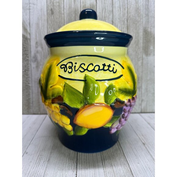 Vtg Nonni's Biscotti Painted Cookie Jar Canister Yellow Fruit Decor 10.5" Tall - Picture 6 of 13